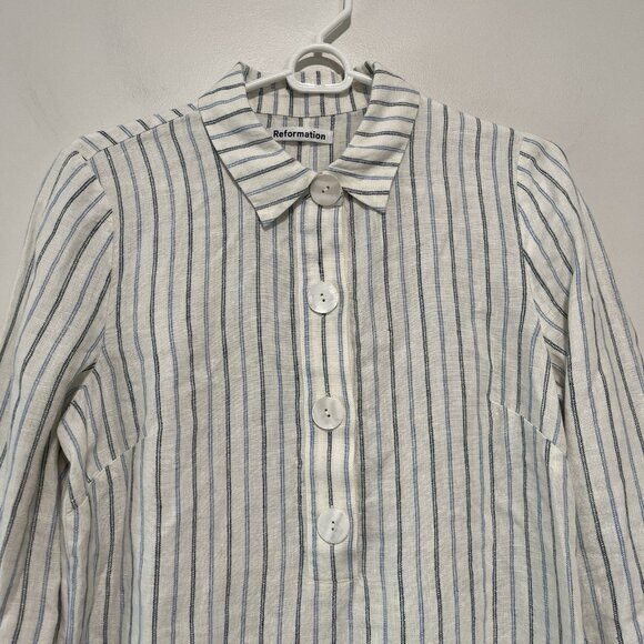 Reformation Malcom Linen Blue Jersey Stripe Mini Dress Size Small - Picture 8 of 11